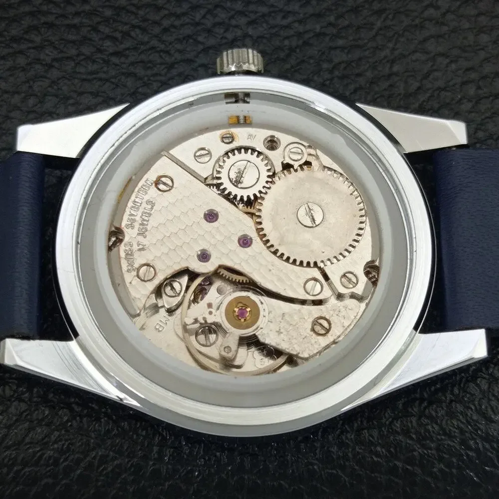 Vintage 1976 Roamer Manual Mens Silver Watch W/Leather Strap & Blue accents